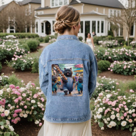 Katze, die einen Fleischballgurt isst, und Freunde Jeansjacke