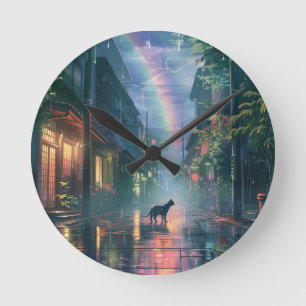 Katze, die im Regen spaziert Runde Wanduhr