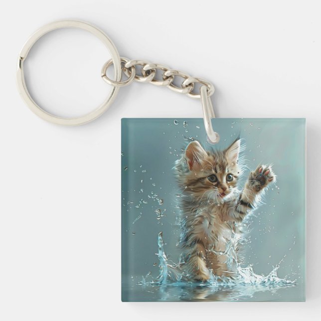 Katze, die im Wasser spielt Schlüsselanhänger (Vorderseite)