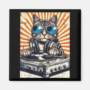 Katze DJ Kopfhörer Plattenspieler Vintage Musik Ed Magnet