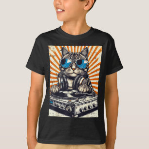 Katze DJ Kopfhörer Plattenspieler Vintage Musik Ed T-Shirt