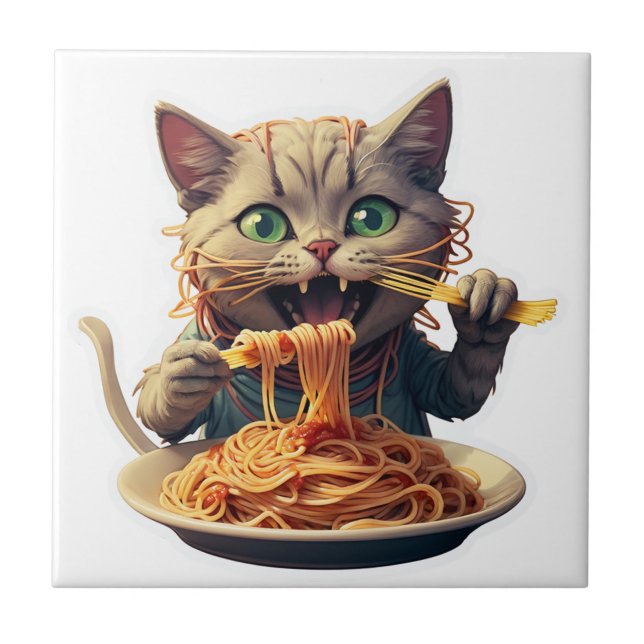 Katze Eating Spaghetti Fliese (Vorderseite)
