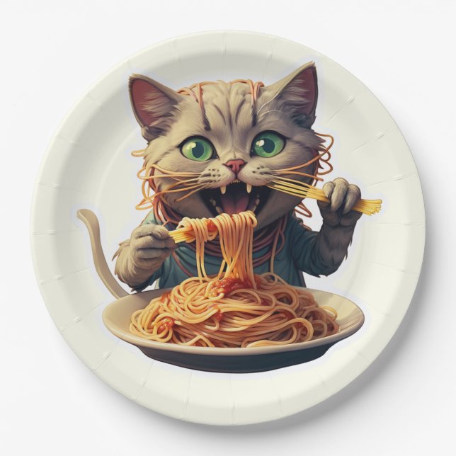 Katze Eating Spaghetti Pappteller (Vorderseite)