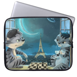 Katze Eiffelturm - Nacht Laptop Hülle Laptopschutzhülle