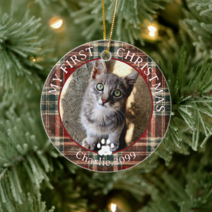 Katze Erstes Weihnachtsfoto Rot Grün Kariert Anden Keramik Ornament