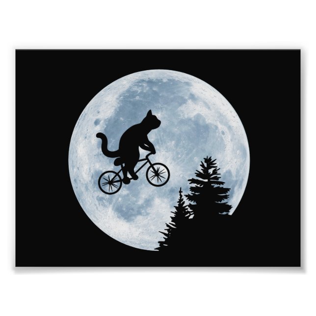Katze fährt Fahrrad auf dem Mondhintergrund. Fotodruck (Vorne)