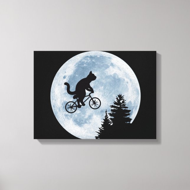 Katze fährt Fahrrad auf dem Mondhintergrund. Leinwanddruck (Vorderseite)