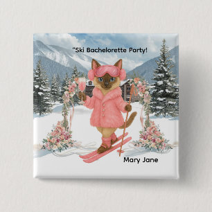 Katze fährt Ski in rosa Outfit Junggesellinnenabsc Button