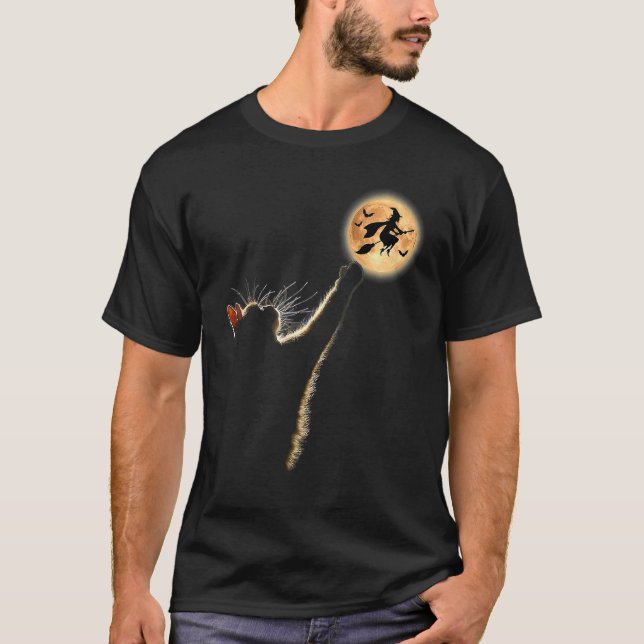 Katze fängt den Mond Männer Frauen Halloween-Kostü T-Shirt (Vorderseite)