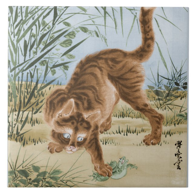Katze fängt einen Frosch Fliese (Vorderseite)