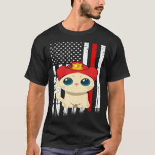 Katze Feuerwehrmann Amerikanische Flagge Dünne Rot T-Shirt