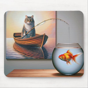 Katze fischt nach einem Goldfisch Mousepad