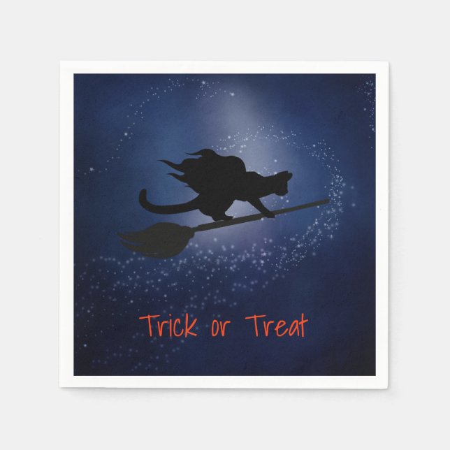 Katze fliegt auf einem Broom Halloween Napkins Serviette (Vorderseite)