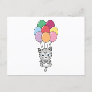 Katze fliegt mit farbenfrohen Balloons auf Postkarte