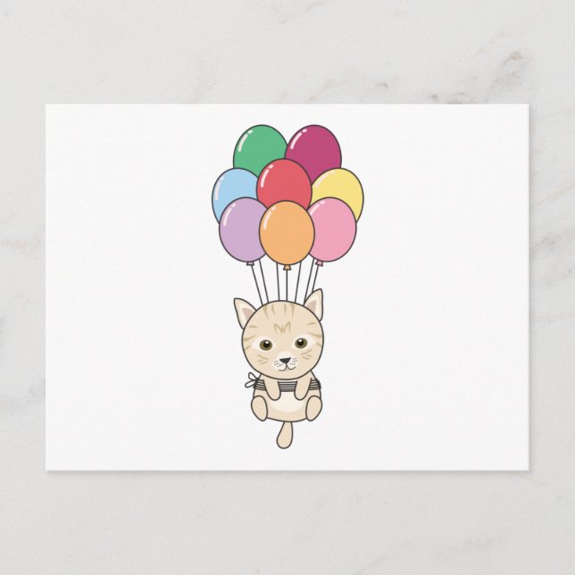 Katze fliegt mit farbenfrohen Balloons auf Postkarte (Vorderseite)