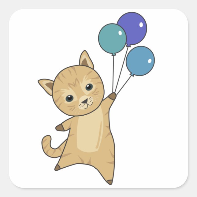 Katze fliegt mit farbenfrohen Balloons auf Quadratischer Aufkleber (Vorderseite)