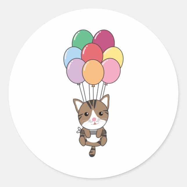 Katze fliegt mit farbenfrohen Balloons auf Runder Aufkleber (Vorderseite)