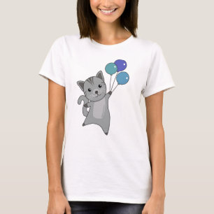 Katze fliegt mit farbenfrohen Balloons auf T-Shirt