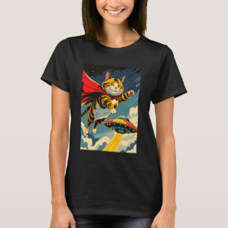 Katze fliegt mit UFO Neuheit-Shirt, süße Kapuzenka T-Shirt