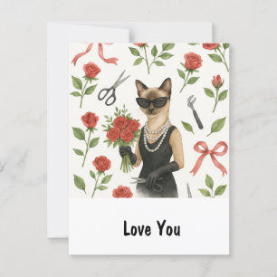 Katze Frauen in schwarzem Kleid hält rote Rosen Postkarte