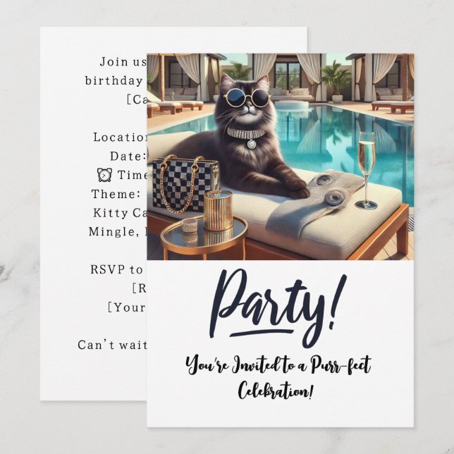 Katze Geburtstagsparty Einladungskarte (Vorne/Hinten)