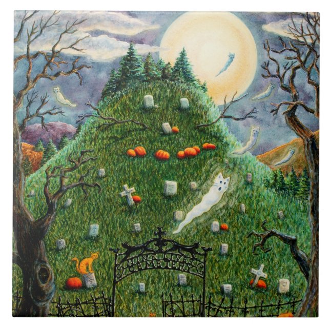 KATZE-GHOSTEN IN NEUN LEBENS FRIEDHOF, SPOOKY FOLK FLIESE (Vorderseite)