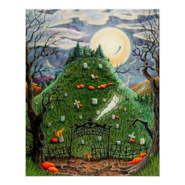 KATZE-GHOSTEN IN NEUN LEBENS FRIEDHOF, SPOOKY FOLK POSTER (Vorderseite)