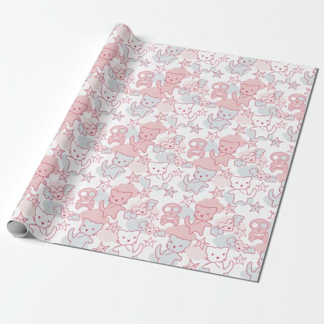 Katze Goth Skull Japanischer Stil Kawaii Herzwolke Geschenkpapier (Ungerollt)