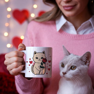 Katze hält eine Rose mit roten Herzen zum Valentin Kaffeetasse