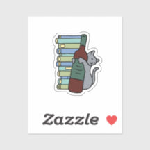 Katze hält Wein und lehnt an Büchern Sticker