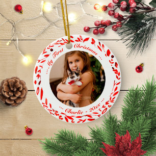 Katze Haustier erstes Weihnachten Foto rote Girlan Keramik Ornament