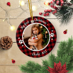 Katze Haustier Erstes Weihnachtsfest Foto Rustic B Keramik Ornament<br><div class="desc">Katze Haustier Erstes Weihnachtsfest Foto Rustikales Buffalo Karo Keramik</div>