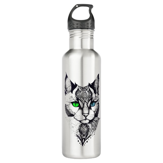 Katze Haustier Natur Illustration Art Tattoo Edelstahlflasche (Vorderseite)