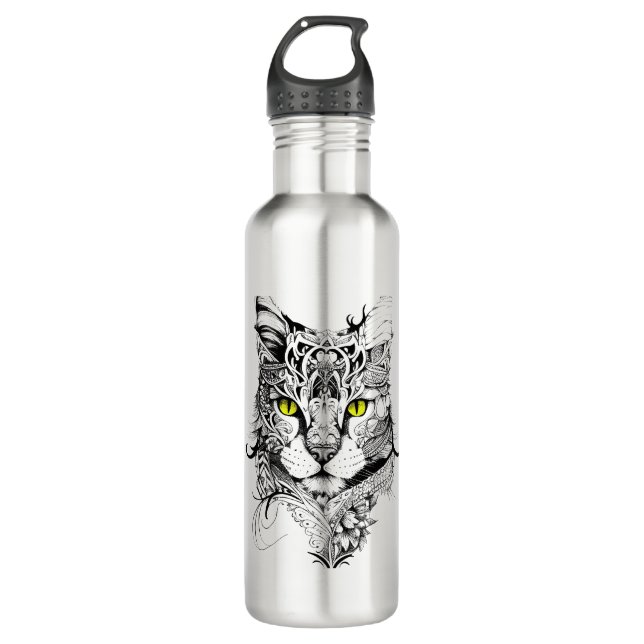Katze Haustier Natur Illustration Art Tattoo Edelstahlflasche (Vorderseite)