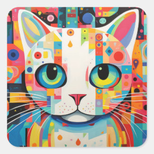 Katze Haustier Portrait Farbige Malerei Quadratischer Aufkleber