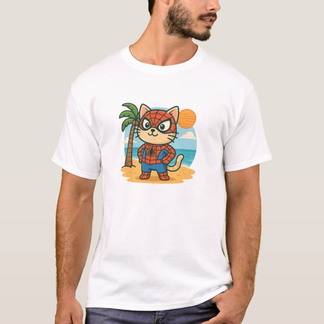 Katze Held am Strand. T-Shirt (Vorderseite)
