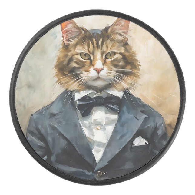 Katze im Anzug Eishockey Puck (Vorderseite)