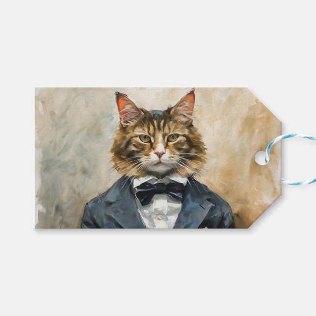 Katze im Anzug Geschenkanhänger (Vorderseite (Horizontal))