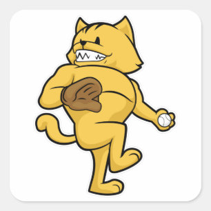 Katze im Baseball mit Handschuh Quadratischer Aufkleber