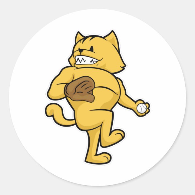 Katze im Baseball mit Handschuh Runder Aufkleber (Vorderseite)