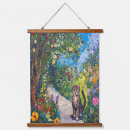 Katze im Blumengarten - Impressionist Paint Wandteppich Mit Holzrahmen