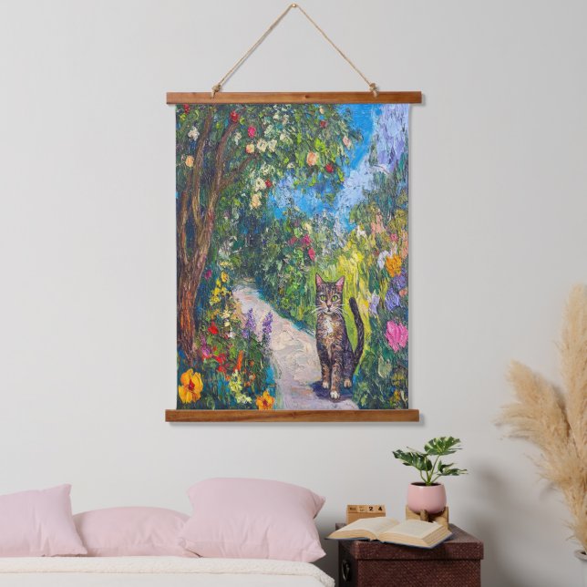 Katze im Blumengarten - Impressionist Paint Wandteppich Mit Holzrahmen (Schlafzimmer)