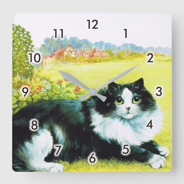 Katze im Blumengarten, Louis Wain Quadratische Wanduhr (Vorderseite)