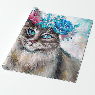 Katze im Blumenkranz Ölmalerei auf Leinwand. Winte Geschenkpapier