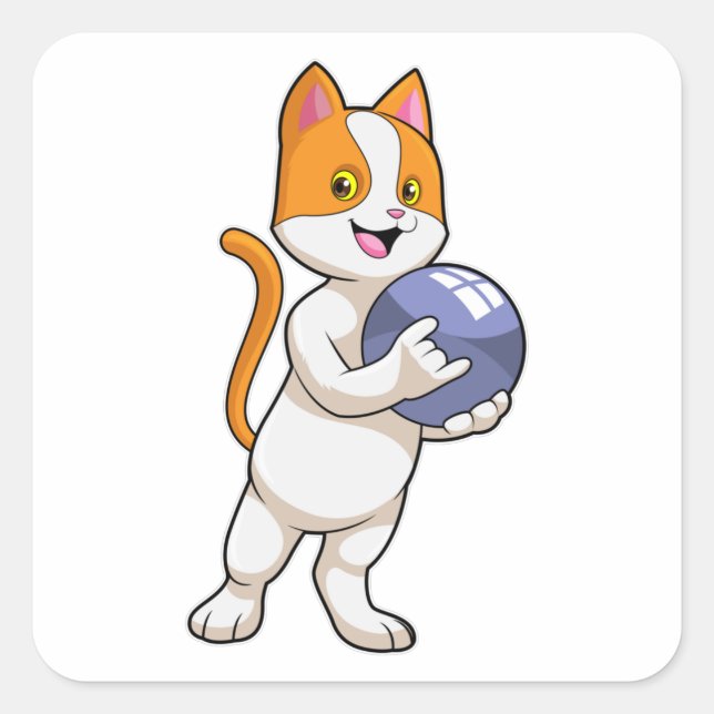 Katze im Bowling mit Bowlingball Quadratischer Aufkleber (Vorderseite)