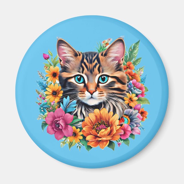 Katze im farbenfrohen Blumenkranz Magnet (Vorne)