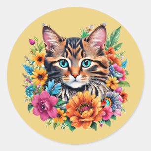 Katze im farbenfrohen Blumenkranz Runder Aufkleber