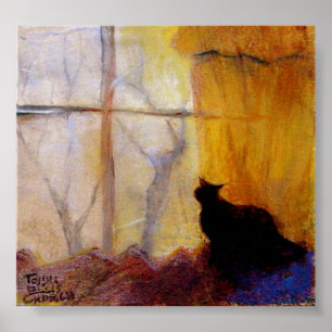 Katze im Fenster mit gelben Vorhängen Poster