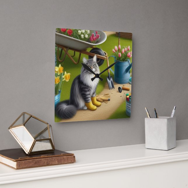 Katze im Garten / Garten Lover Quadratische Wanduhr (Büro)