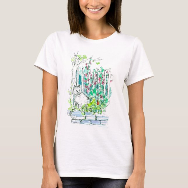 Katze im Gartentisch und Aquarellzeichnung T-Shirt (Vorderseite)